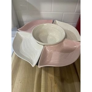 Pink White Speckled VINTAGE Mid Century MCM Chip Dip Lazy Susan Pedestal Set